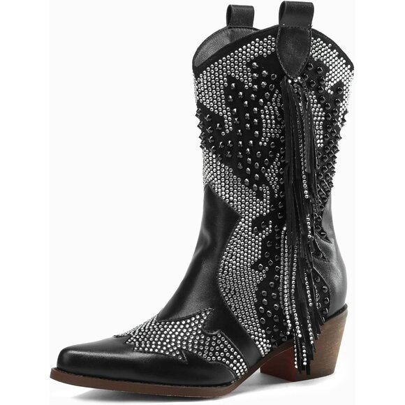 ⚡Women's Black Pointed Toe Rhinestone Boots Chunky Heel Rivet Western Ankle Boot - Picture 1 of 6